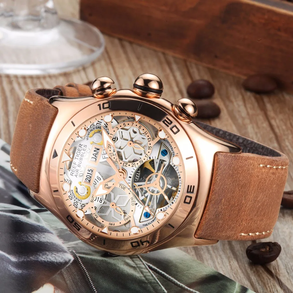 Reef Tiger Роскошные Розовое Золото Скелет Автоматические наручные часы Tourbillon кожаный ремешок часы водонепроницаемые спортивные часы для мужчин RGA703