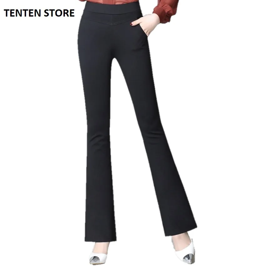 

flared pants womens high waist 4 way stretch push up bell bottom bootleg Formal elegant office trousers with pockets black Navy