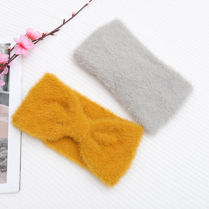 CN Knot Warm Ear Mink Fur Headbands Solid Cross Winter Hairbands For Womens Girls Daily Headband Elastic Turban Hair Accessories