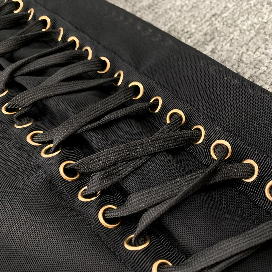 Sexy Anniversary Pants Lace up Detailing Long Mesh Pants in Black with Gold Eyelets