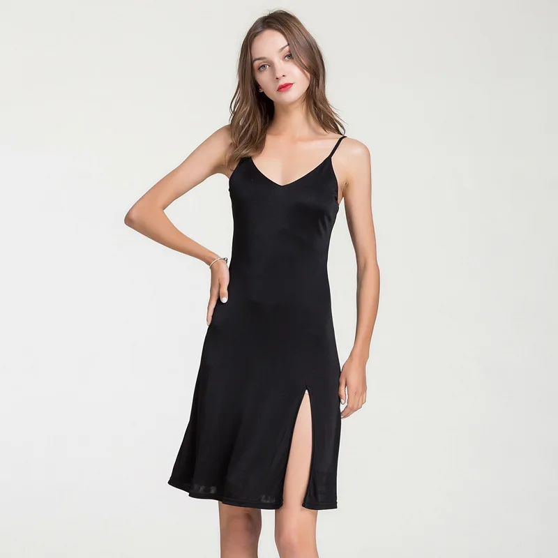 Sleepwear Women Natural Mulberry Silk Knitted Full Slip Chemise Sexy Side Slit Nightdress Nightgown women sleep nightgown