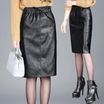 

women PU leather skirts 2019 autumn and winter new midi skirt pencil elastic waist skirt for women plus size M-4xl