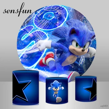 

Sensfun Round Circle Cartoon Blue Sonic the Hedgehog Backdrop For Photo Studio Boys Birthday Party Photography Backdgrounds