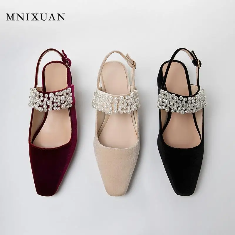 

Fashion women sandals shoes gold velvet middle heels 2020 summer new square toe pearls block heel Mary Jane Shoes big size 34-43