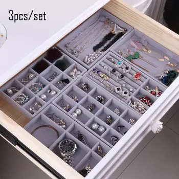 

3pcs Velvet Jewelry Display Organizer Ring Case Tray Holder Necklace Earrings Bangle Storage Box Showcase Jewellery Stand Holder