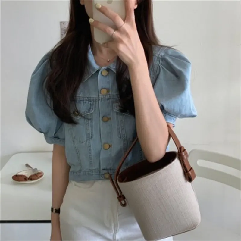 Alien Kitty Korean Vintage Puff Sleeves Loose Jeans Cowboy 2020 Gentle Tops Coat Cardigans Light Washed Blue Denim Jackets | Женская