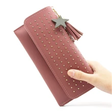 

Rivet Retro Women Long Wallet Solid Color Zipper Coin Purses Female Pu Leather Hasp Multi-card Holder Lady Clutch Money Clip