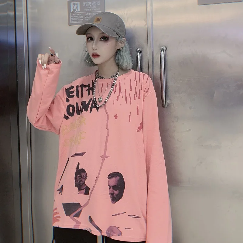 Harajuku Women's Clothing long sleeve T-Shirts streetwear style spring autumn o-neck print character ins loose fashion brand