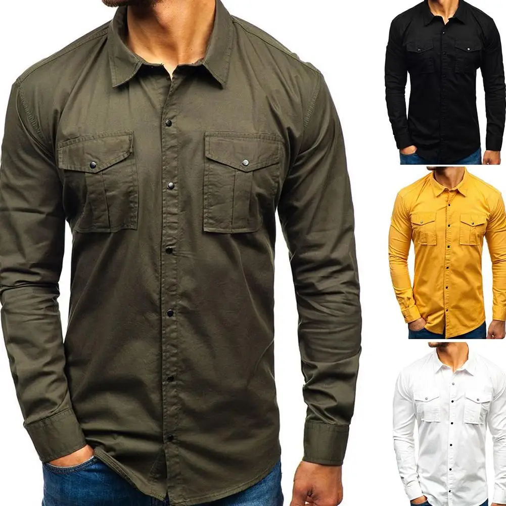 Camiseta de manga larga para hombre, camisa de Color sólido con múltiples bolsillos, botones, ajustada, con cuello vuelto, de Material suave, regalo