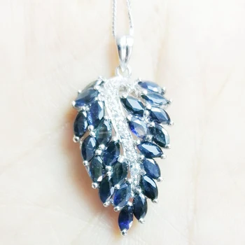 

Natural real sapphire leaf necklace pendant Free shipping 925 sterling silver 0.15ct*23pcs gemstone Fine jewelry T203155