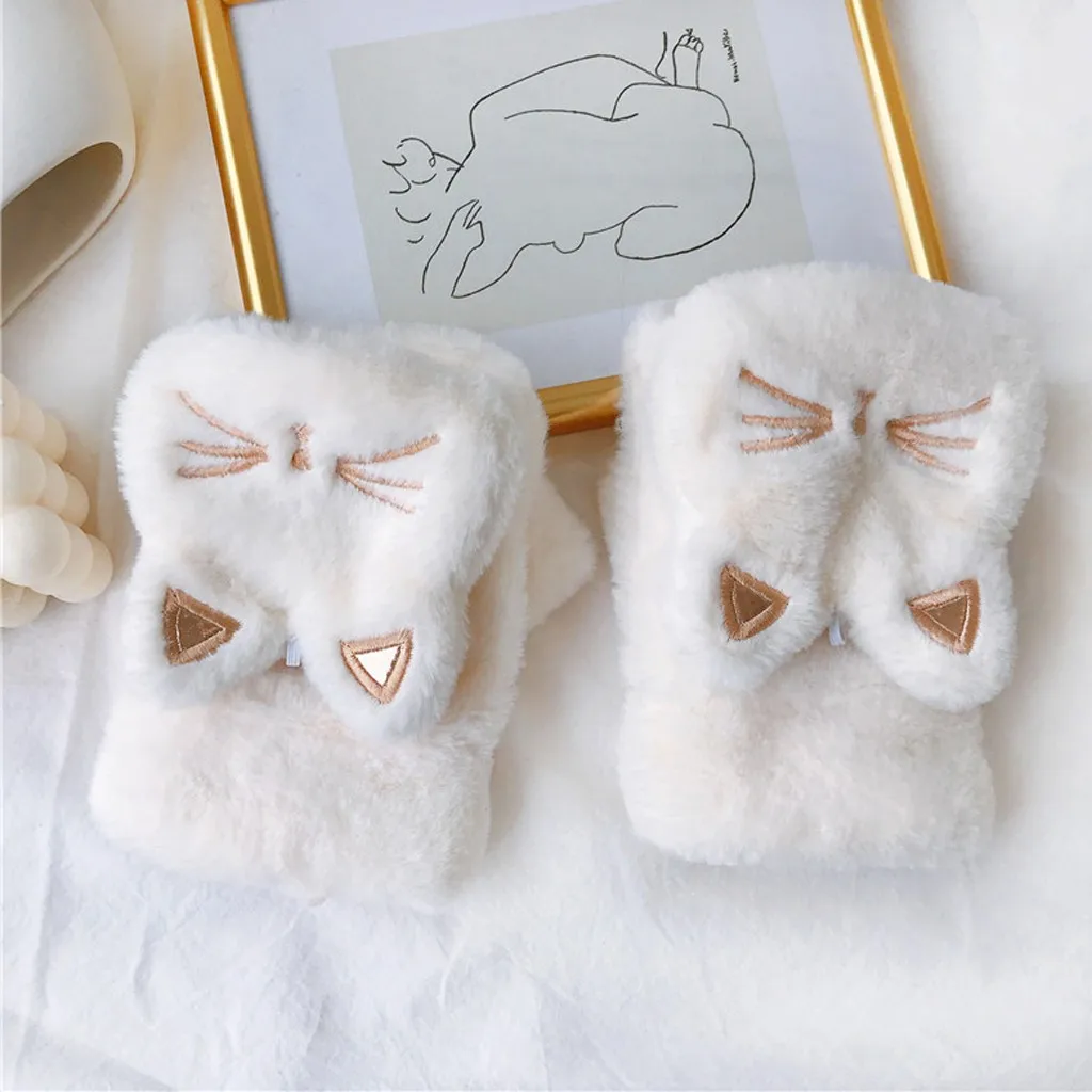 Модные женские зимние милые теплые флисовые утепленные плюшевые перчатки с котом милые наручные варежки с животными Guantes calientes#2