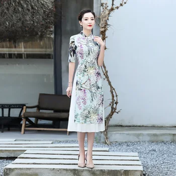 

Fashion Printing Mid Length Ladies Daily Cheongsam Dress Chinese Style Stand Collar Seven Point Sleeve Elegant Qipao Top Women