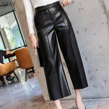 

2020 Spring Autumn New High Waisted Faux PU Leather Pants Women Wide Leg Ankle-Length Women'S Trousers With Belt Cropped Pants