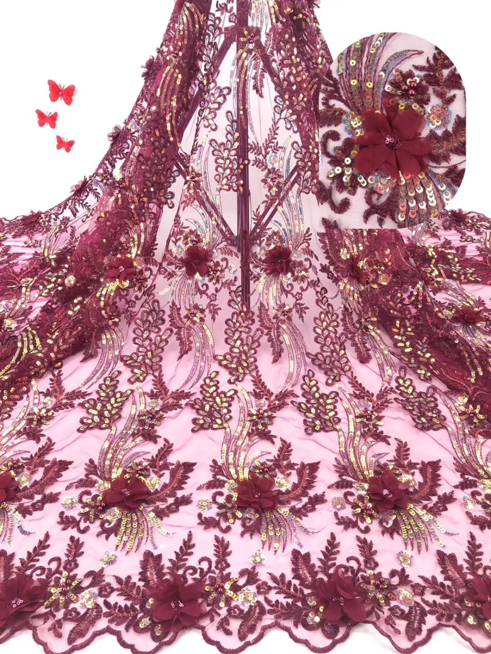 

African Lace Fabric Wine Tulle Lace High Quality Embroidery Nigerian French Mesh Lace Fabric Material For Dress 5Yards