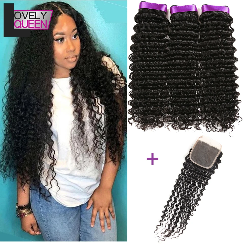 Deep Wave Closure With Bundles Raw Indian Hair 3 Bundles With