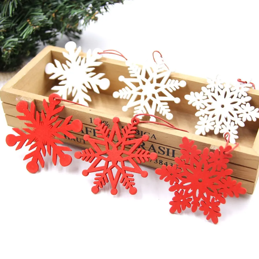 6pcs/bag Wooden Christmas Snowflake Christmas Tree Ornaments Red White Christmas Snowflake Hangings with Lanyard