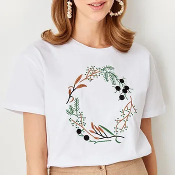 

Women’s Summer Basic Cotton Casual T-Shirt White Embroidered Knitted Streetwear tops Women Basic Casual tShirt