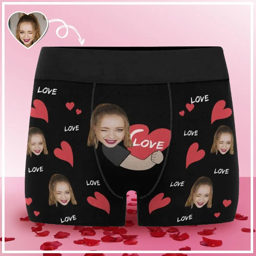 M Yescustom Face Hug Love Black Men Print Boxer Briefs Personalized Photo Funny Slogan Husband Unique Gift Casual Underwear | Мужская