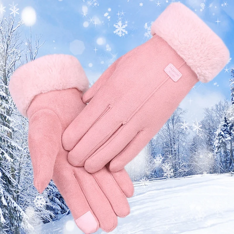 Autumn and Winter Suede Gloves Women's Warm Press Screen Haired Gloves Riding Plus Velvet Thick Gloves Women Pink
