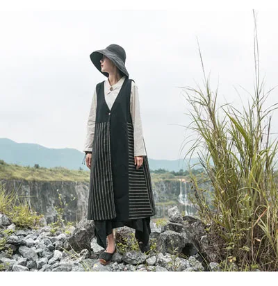 Black JINGRUI Autumn New Literary Women's Long Cotton and Linen Loose Cardigan Vest Coast - Цвет: Black