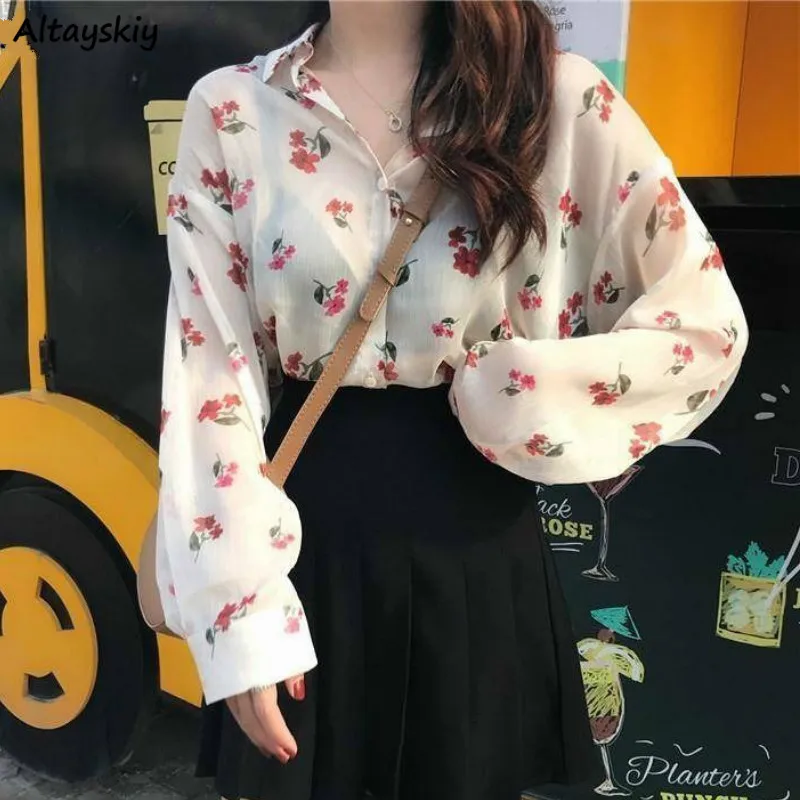 Blusas Ulzzang para mujer, Blusas de manga larga a prueba de sol, florales, frescas, de universidad, Vintage, combina con todo