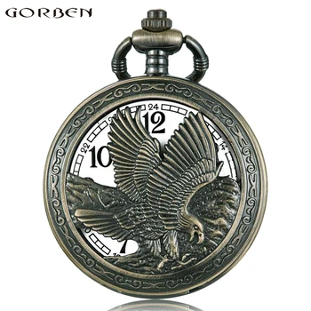 

Vintage Skeleton Pocket Watch Quartz Pocket & Fob Watch Bronze Eagle Deer Animal Engraved Chain Pendant Men Flip Pocket Clock