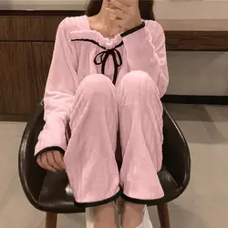 Women's Pajamas Coral Fleece Sleepwear Pink Bowknot Rabbit Home Clothes Cute Set Woman 2 Pieces Casual Warm Pajamas for Women