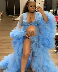 Ruffles Kimono Women Dress Blue Robe for Photoshoot Extra Puffy Sleeve Prom Gowns African Cape Cloak Maternity Dress Photography