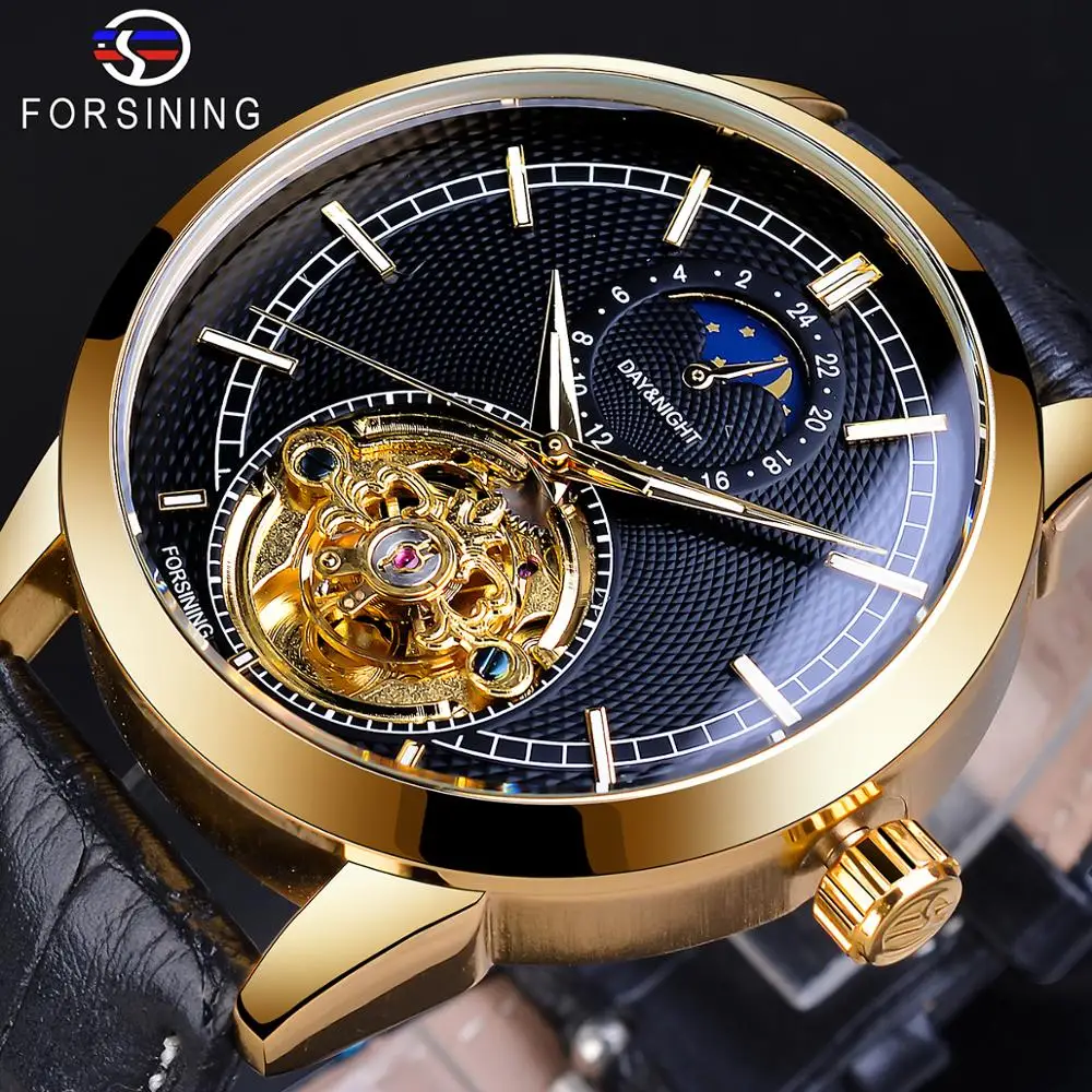 

Forsining Top Brand Luxury Golden Mechanical Automatic Mens Watches Leather Strap Tourbillon Waterproof Moon Phase Fashion Clock