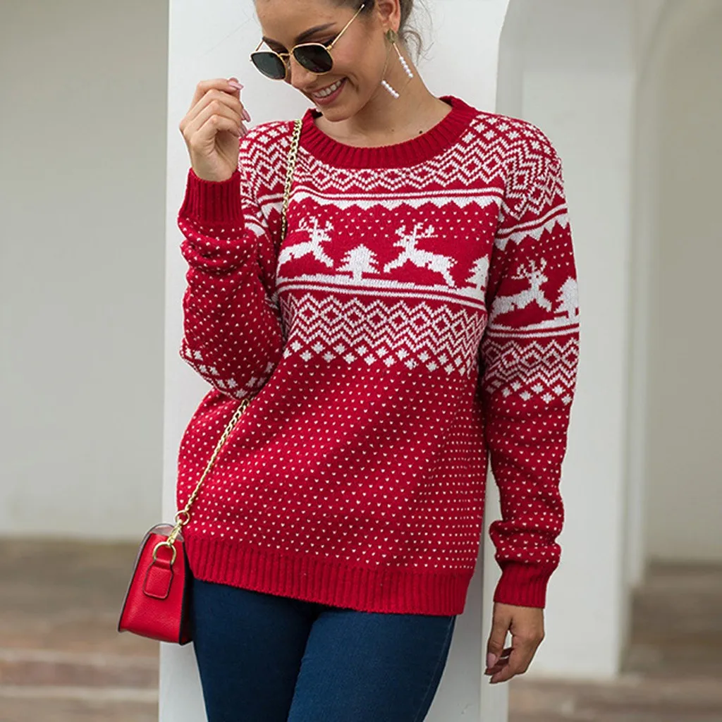 Рождественский женский свитер Санта Клаус с рождественским принтом, с длинным рукавом и круглым вырезом, Рождественский вязаный пуловер, свитер, топ, джемпер, трикотаж#38