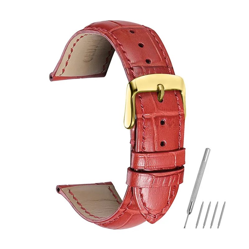 Red Кожаный ремешок CHIMAERA 14, 15, 16, 18, 19, 20, 21, 22, 24 мм, Золотая Пряжка, черный, коричневый ремешок для часов, браслет из кожи аллигатора для Tissot - Цвет ремешка: Red