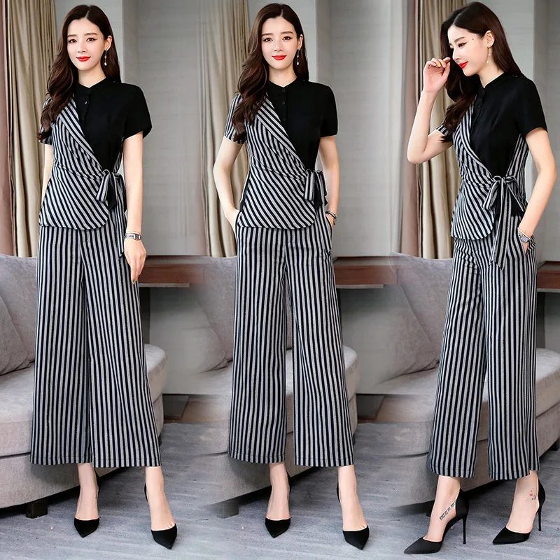 

Summer New Style with Numbers Black And White with Pattern Fashion T + Versatile Slimming Vertical Striped Loose Pants
