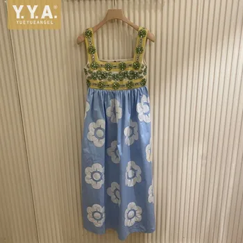 

Summer Square Collar Patchwork Diamonds Beading Sleeveless Sweet Straps Dress Women Hawaiian Floral Elegant A-Line Blue Dresses