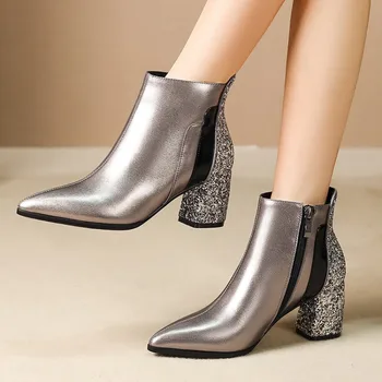 

MLJUESE 2020 women ankle boots soft cow leather winter short plush bling bling gun color pointed toe women boots size 42