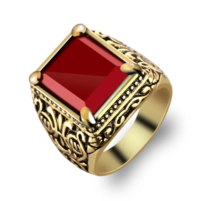

Rock Square Red Stone Punk Rings Men Accessories Ethnic Silver Ring Men Jewelry Vintage Ring Women Female Geometry Resin Rings