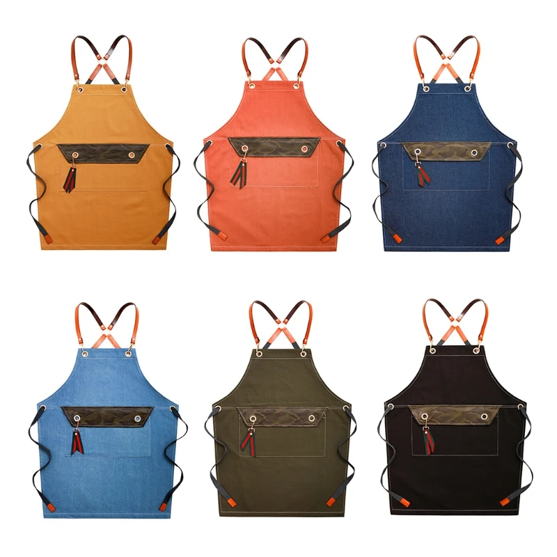 

Chef Apron Cotton Canvas Cross Back Adjustable Apron with Pockets for Women and R9JC