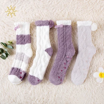 

4 Pairs Autumn And Winter Plush Coral Fleece Socks Cute Thick Warm Sleeping Floor Sleep Socks Female Tube Socks CY