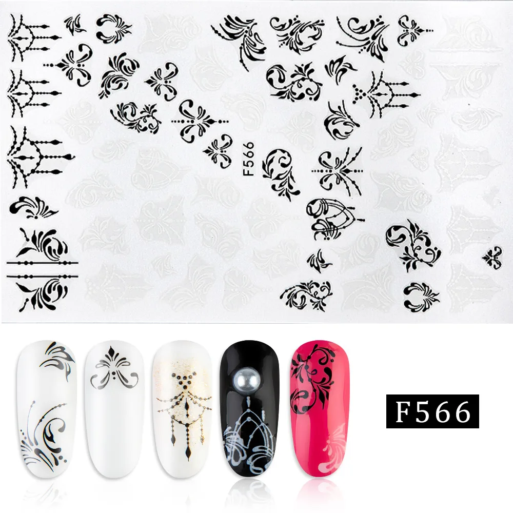 1 шт 3D Черно-белые наклейки для ногтей цветы Мандала лист Слайдеры для ногтей клейкие наклейки для ногтей наклейки-лак для ногтей - Цвет: F566