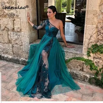 

Women Stylish Long Evening Dress One Shoulder Lace Tulle Sheer lady Formal Prom Gowns
