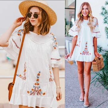 

CAMIA dress summer woman white embroidered high waist short sleeve O-neck plus size party Holiday dress elegant