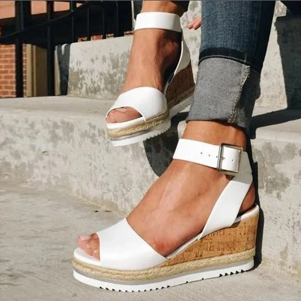 Womens Wedges Sandals Ladies Retro Fashion Open Toe Ankle Platform Roman Shoes