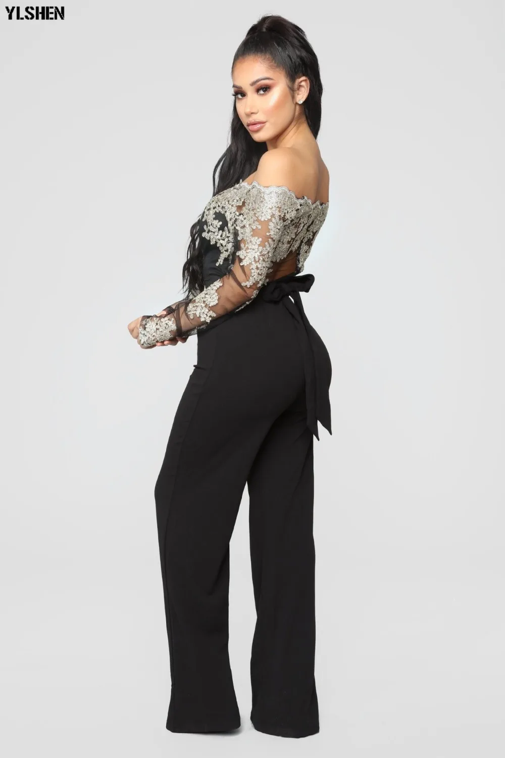 Women Jumpsuit Sexy Lace Ladies Jumpsuits Party Casual Wide Leg Overalls Off Shoulder Long Sleeve Romper Skinny Rompers Trousers 22
