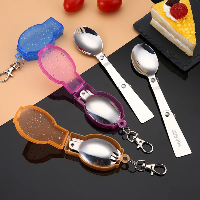 

304 Stainless Steel Folding Spoon Fork Outdoor Camping Portable Tableware Spoon Fork Folding Children Key Ring Box Tableware