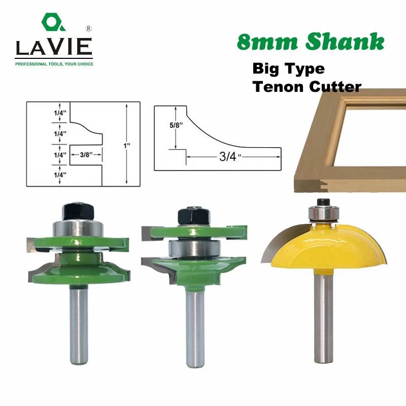 3pcs 8mm Shank Big Type Door Panel Router Bit Set Cutters Raised