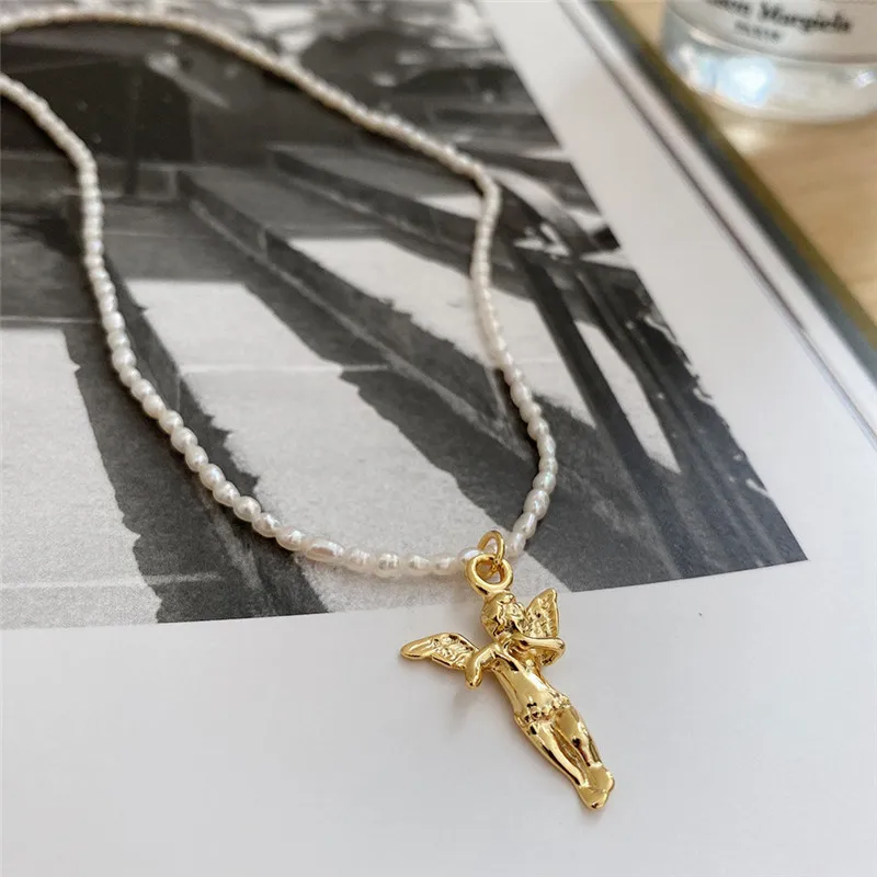 RUIYI Real 925 Sterling Silver Women Fashion 18K Gold Angel Charm Pearl Chain Chokers Girls Stylish Clavicalis Niche Necklaces | Украшения