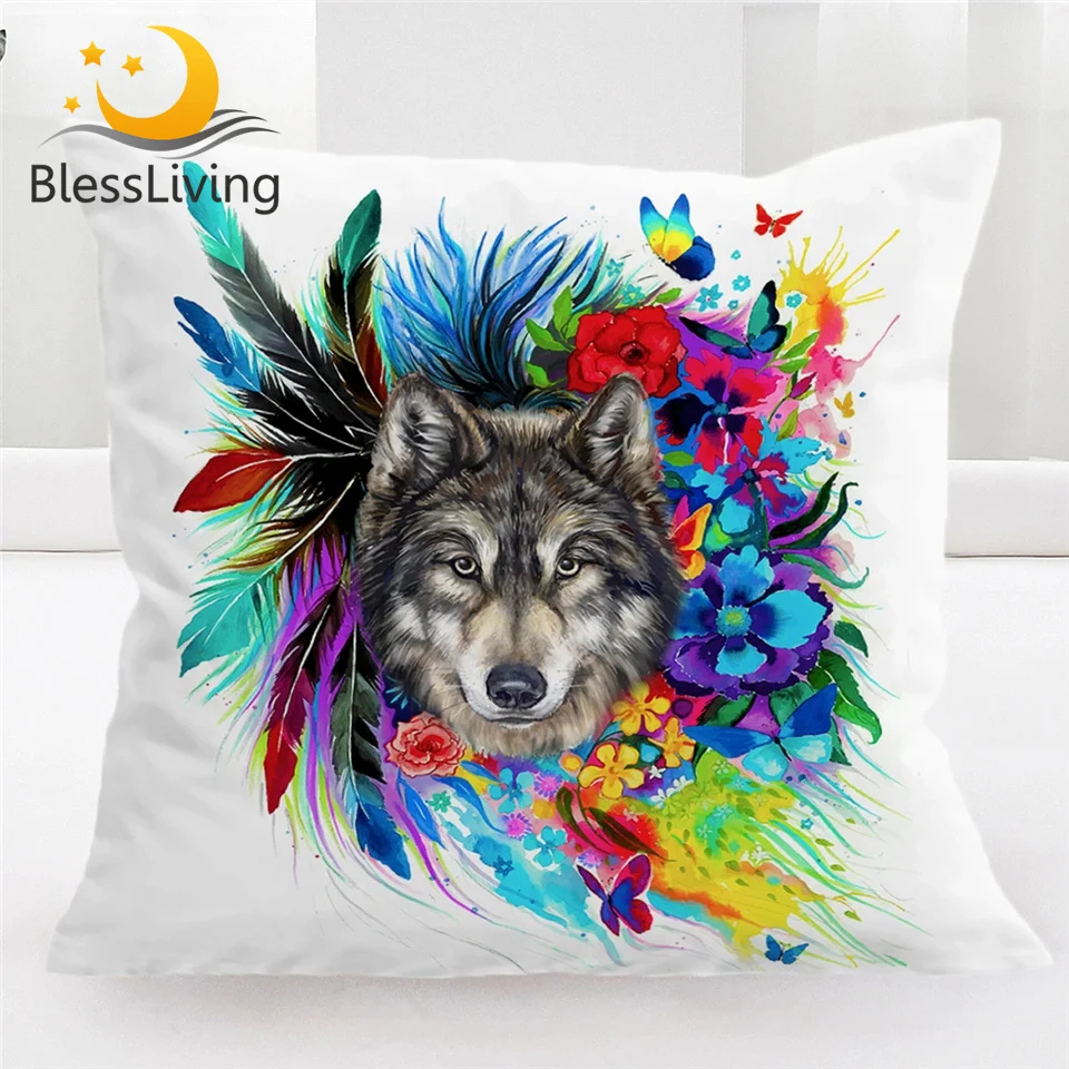 Blesslive Boho Цветочные волки наволочки Красочные цветы перья животных декоративные бросок Наволочки 45x45 см Наволочки