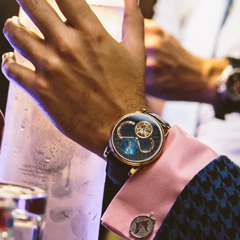 Orologio Uomo Automatico LOBINNI - Meccanico Con Fasi Lunari E Riserva Di Carica, Pelle
