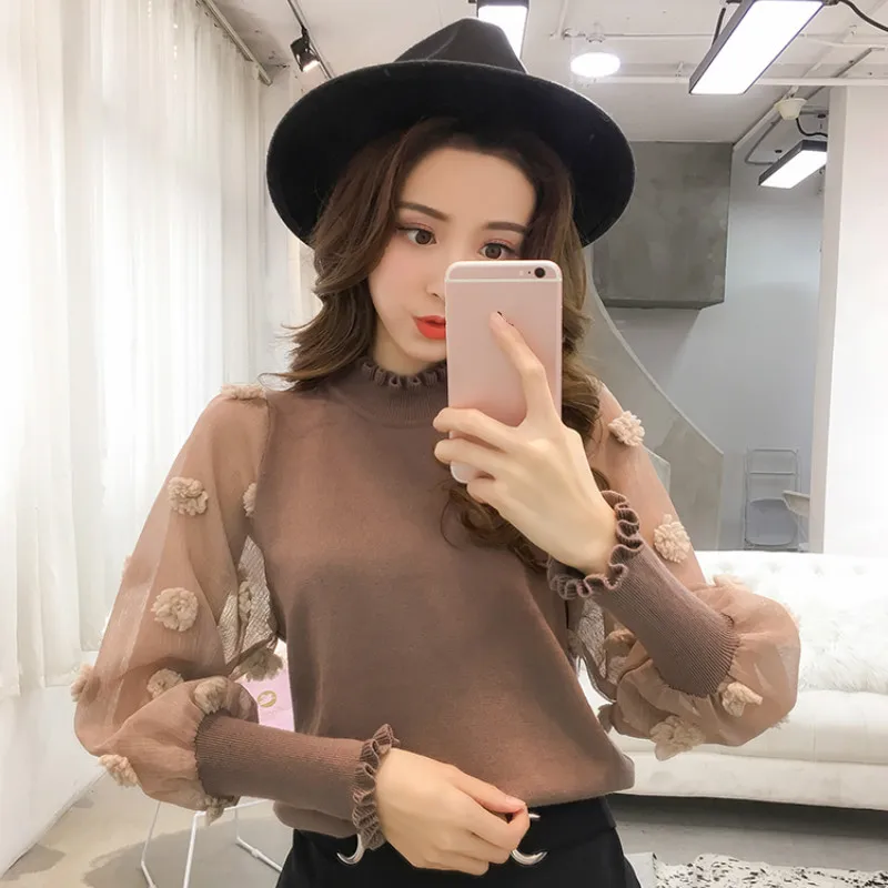 coffee color Woherb Pull Femme, водолазка с длинным рукавом-фонариком, женский свитер в стиле пэчворк, прозрачные пуловеры с 3d цветами, корейский стиль, новинка 91223 - Цвет: coffee color