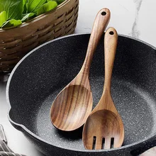 2Pcs Wooden Spoon Salad Fork Large Serving Spoon Set Wood Kitchen Utensils Long Handle Soup Spoon Ladle Salad Server Tableware