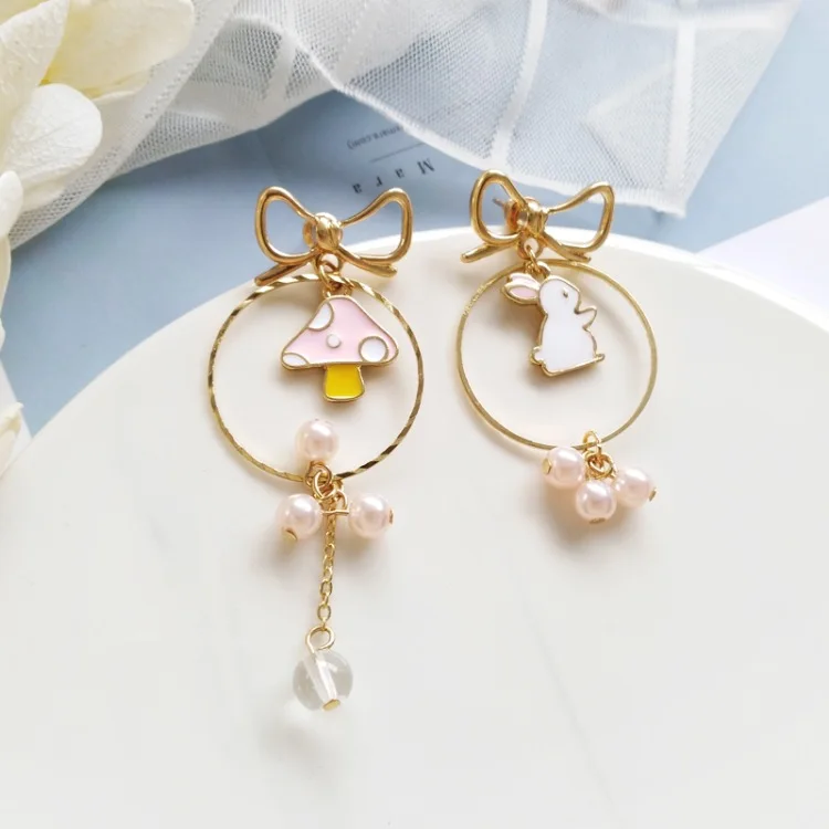 

Cute Mushroom Rabbit Princess Kids Clip Earrings Bowknot Girls Asymmetric Earrings